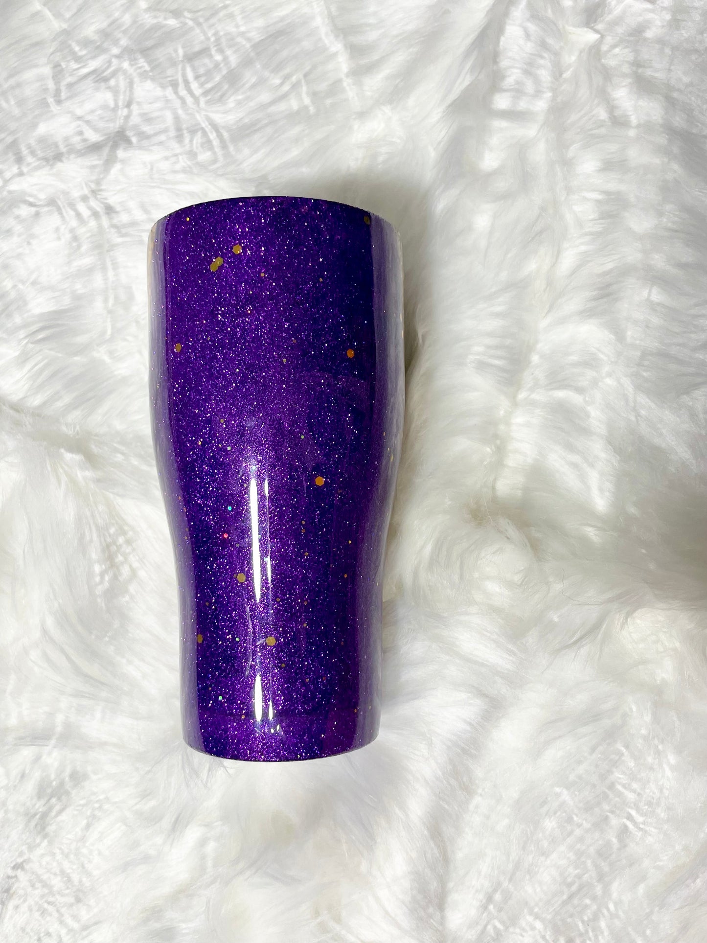 30oz curve tumbler with a beautiful purple glitter, black glitter, and gold glitter stripped V pattern